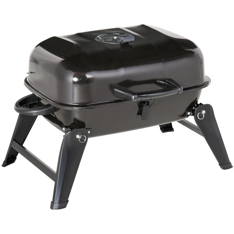 Portable small charcoal grill with black lid and folding legs