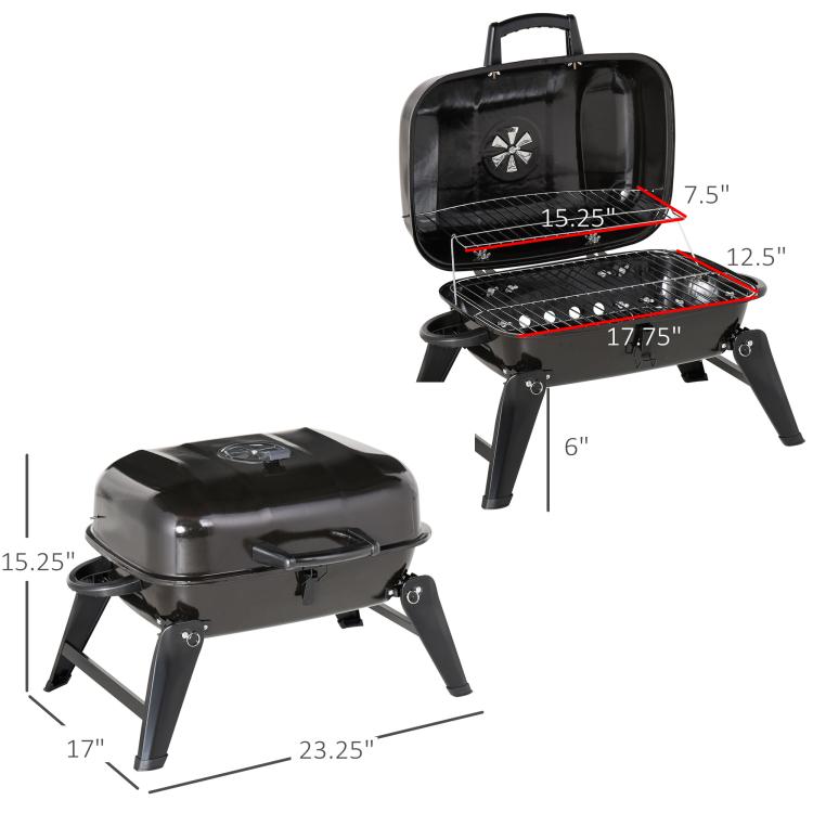 Compact black charcoal grill with domed lid, folding legs, and side ventilation vent