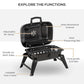 Black portable charcoal grill with adjustable air vents, foldable feet, and heat-resistant enamel