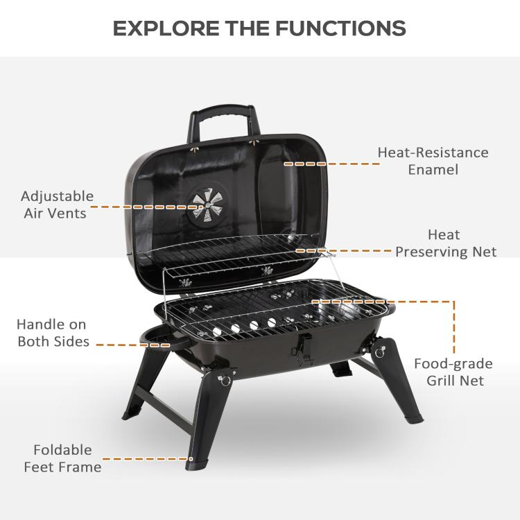 Black portable charcoal grill with adjustable air vents, foldable feet, and heat-resistant enamel