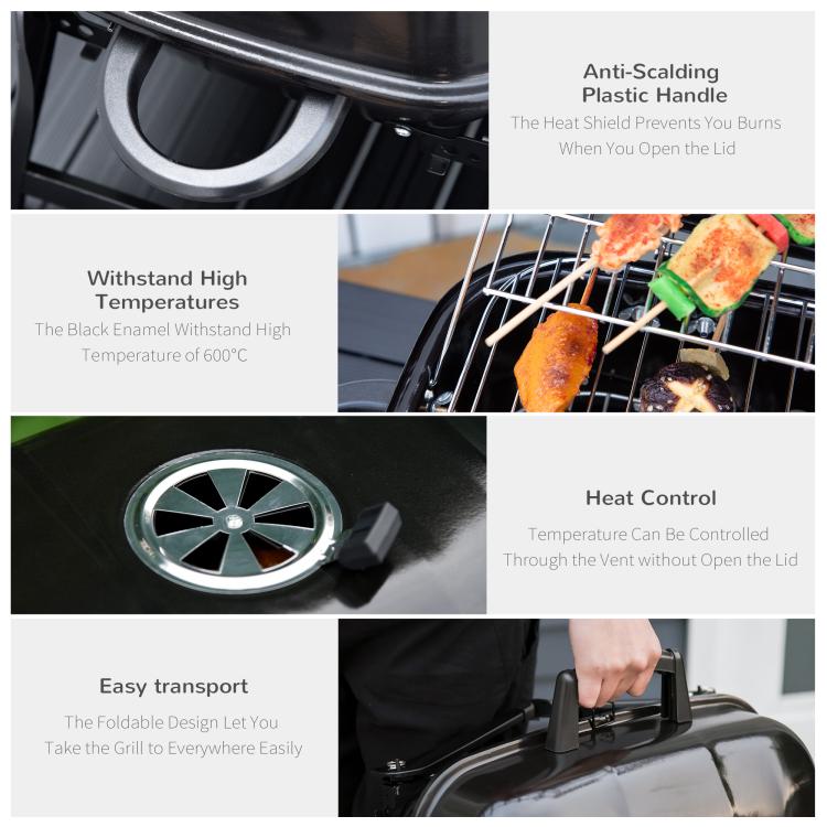 Portable black enamel charcoal grill with heat control features and anti-scalding handle