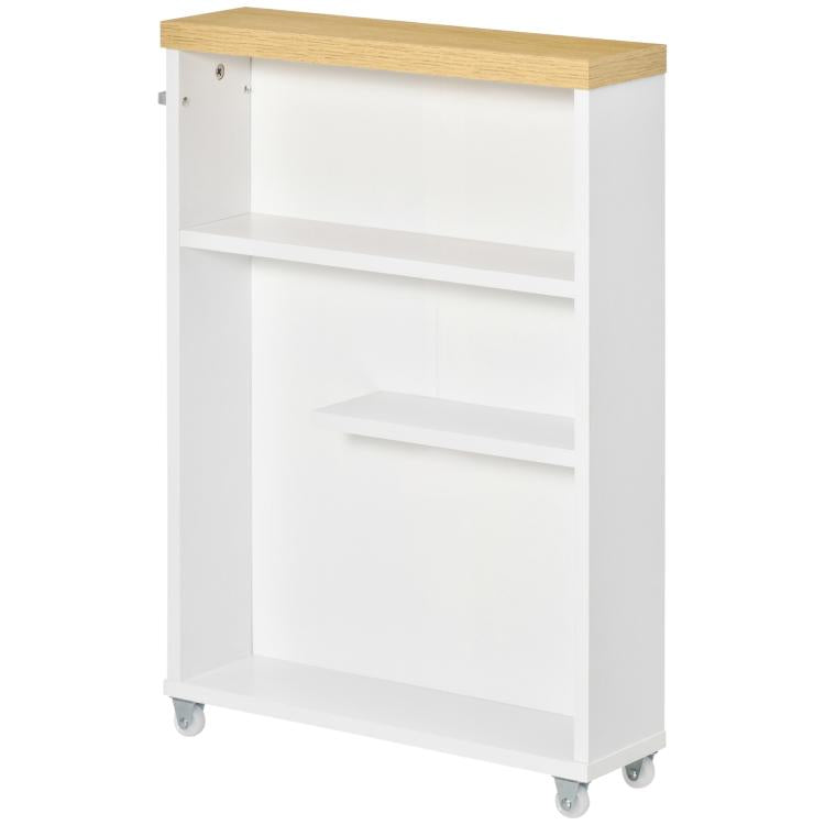 White slim bathroom cabinet with wood top, open shelves, and lower cabinet on wheels