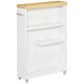 White slim bathroom cabinet with wood top, open shelves, and rolling wheels