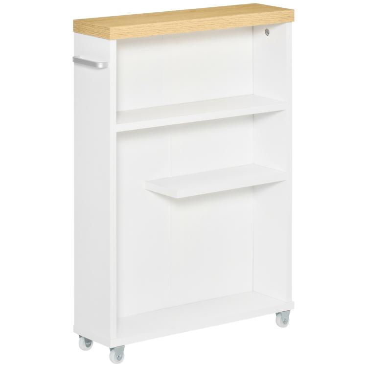 White slim bathroom cabinet with wood top, open shelves, and rolling wheels