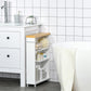 White rolling bathroom organizer cabinet with wood top and open compartments for towels