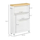 White slim bathroom cabinet with wood top, open shelves, and rolling caster wheels