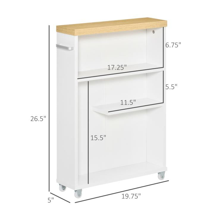 White slim bathroom cabinet with wood top, open shelves, and rolling caster wheels