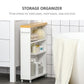 White slim bathroom cabinet with wood top and three open shelves for toiletries