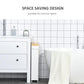 White slim bathroom storage cabinet with wood top and narrow open shelving on wheels