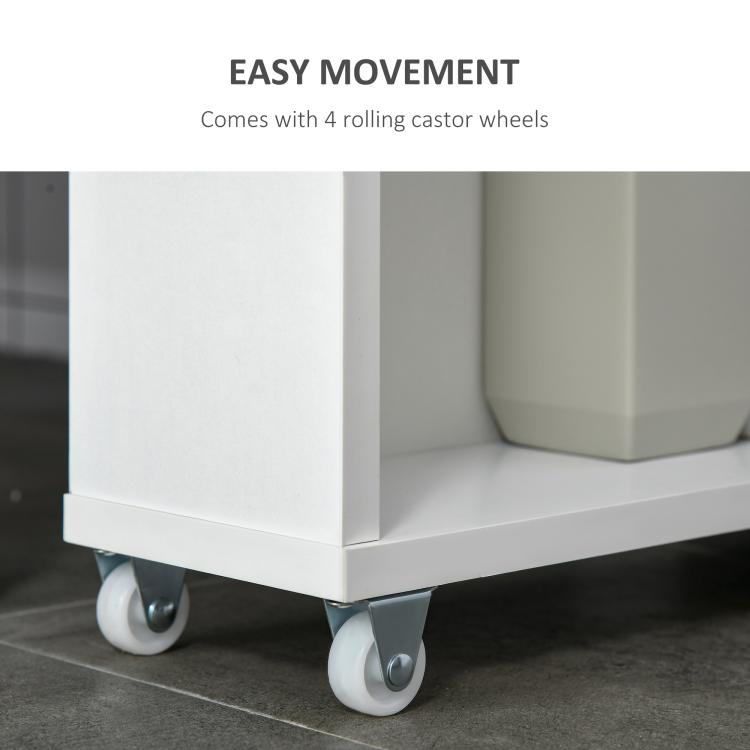 White cabinet base with four rolling caster wheels