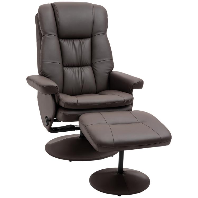 Brown PU leather swivel recliner chair with matching round ottoman and round base