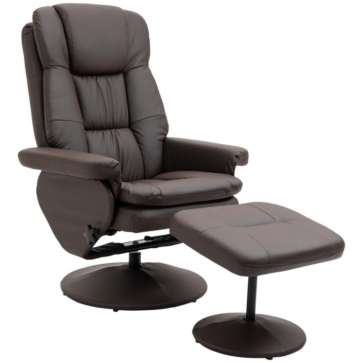 Brown PU leather swivel recliner chair with matching ottoman on round pedestal base