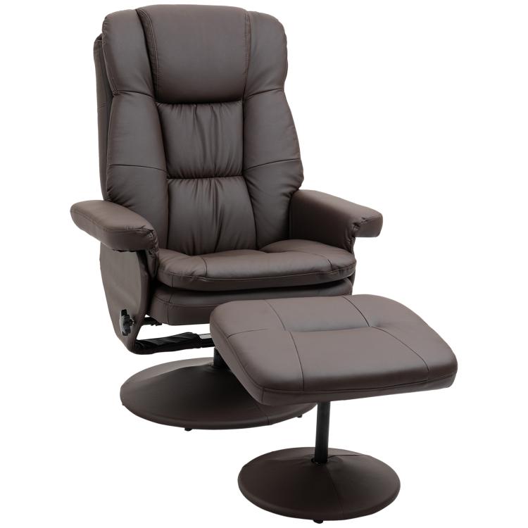 Brown PU swivel recliner chair with matching round ottoman and wrapped base
