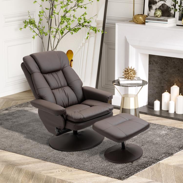 Dark brown PU leather swivel recliner chair with matching ottoman and round base
