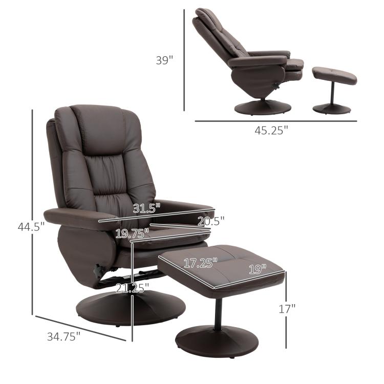 Swivel recliner chair with matching ottoman on round pedestal base, angled view