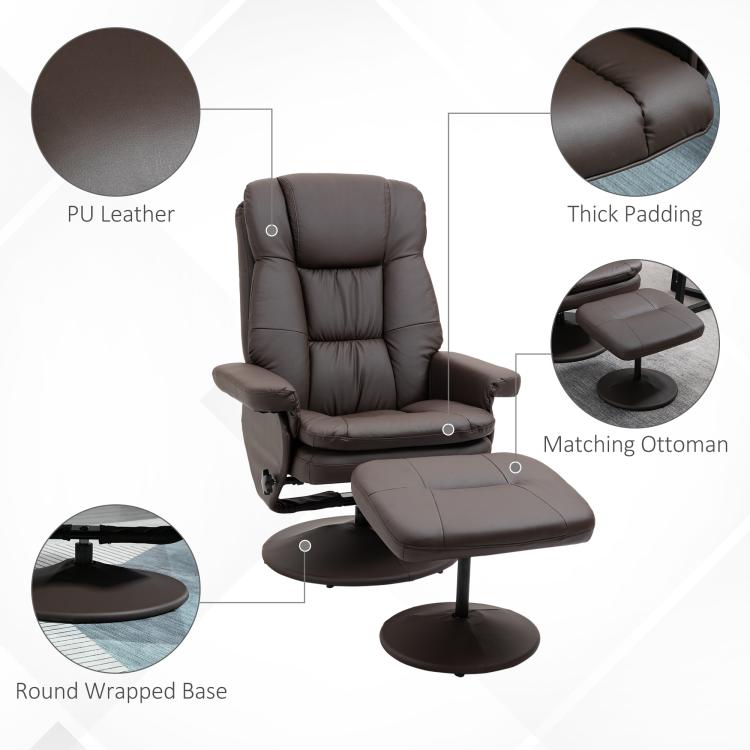 PU leather recliner chair with matching ottoman and round wrapped pedestal base