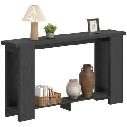 Distressed black console table with thick top and two open side shelves