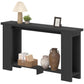 Narrow distressed black entry console table with thick tabletop and open storage shelves