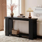 Distressed black farmhouse console table with thick tabletop and open lower shelf