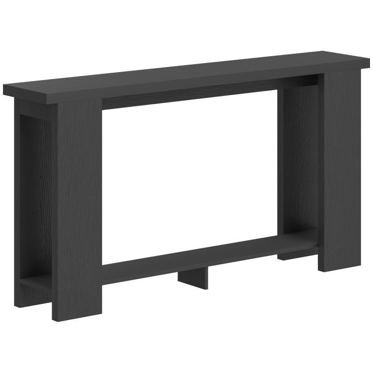 Black farmhouse console table with open rectangular shelf and thick top