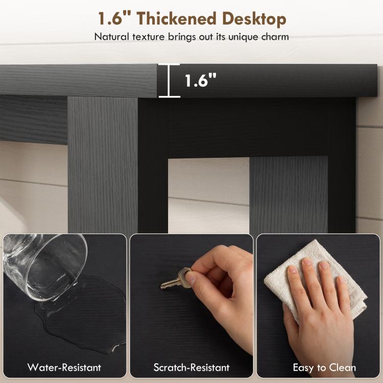 Close-up of thickened desktop edge on distressed black console table, 1.6-inch
