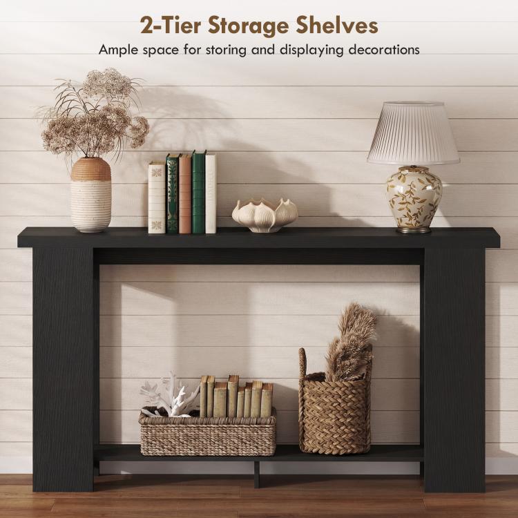 Distressed black console table showing two-tier open shelves for storage and display