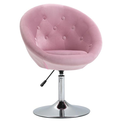 Pink round tufted swivel accent chair with chrome pedestal base and height lever