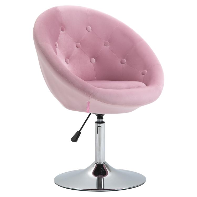 Pink round tufted swivel chair with chrome pedestal base and black height lever