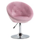 Pink round tufted swivel accent chair with chrome base and height lever