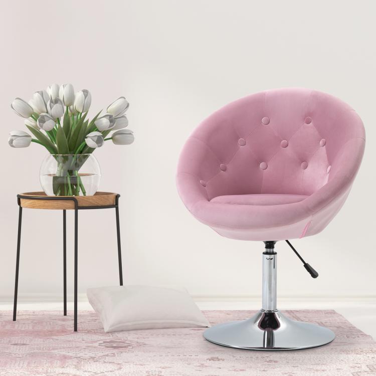 Pink round tufted accent chair with chrome base and black height lever