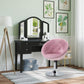 Pink round tufted swivel chair with chrome base and black height lever