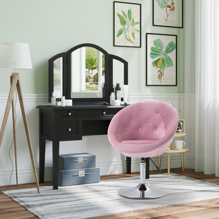 Pink round tufted swivel chair with chrome base and black height lever