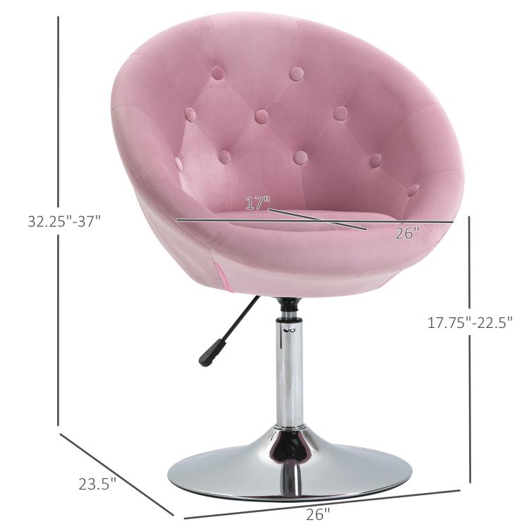 Pink tufted round tub chair on chrome pedestal base with height-adjustment lever