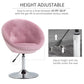 Pink height-adjustable round tufted chair with black handle and chrome pedestal base