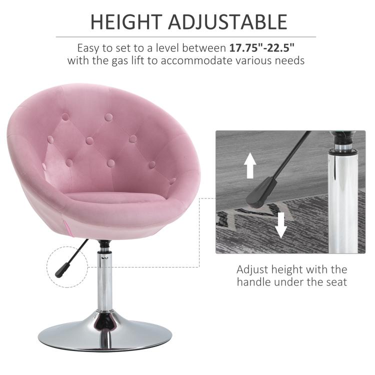 Pink height-adjustable round tufted chair with black handle and chrome pedestal base