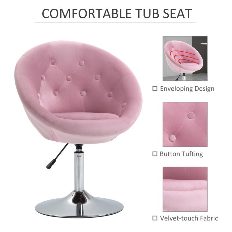 Pink button-tufted tub chair seat with chrome base and black height lever