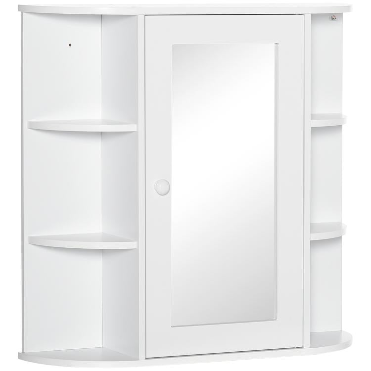 White wall-mounted medicine cabinet with mirror door and three storage shelves