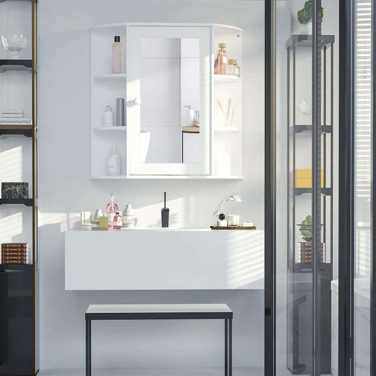 White bathroom mirror cabinet with open shelves and mirrored door above sink