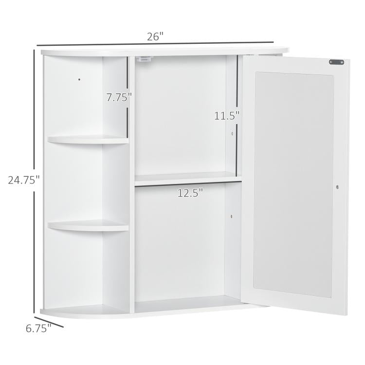 White wall cabinet with hinged mirrored door and multiple interior storage shelves
