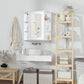 White mirrored medicine cabinet with open shelves and wall-mounted glass mirror door