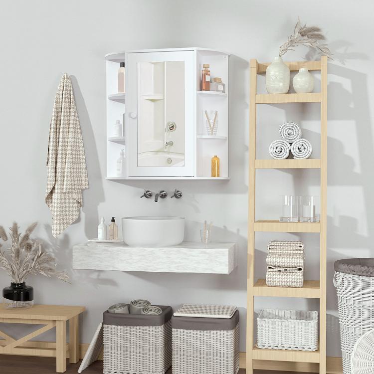 White mirrored medicine cabinet with open shelves and wall-mounted glass mirror door