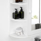 White mirrored medicine cabinet with curved shelves holding pump soap bottles