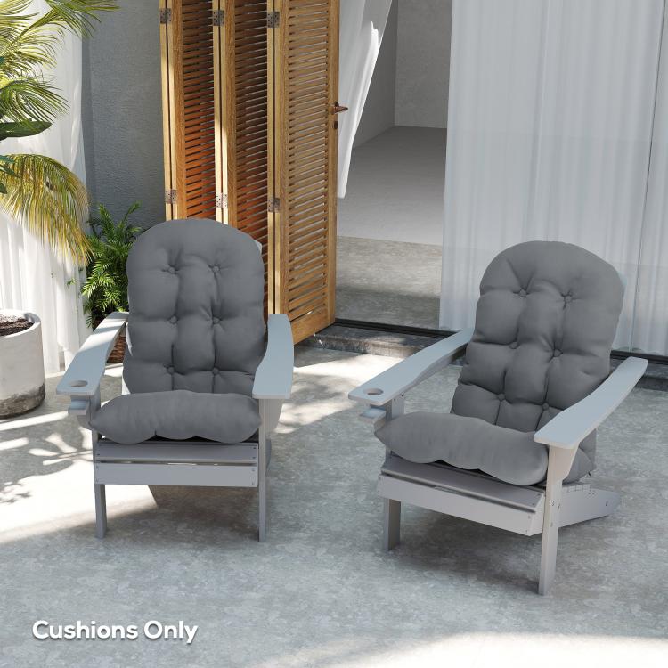 Gray tufted high-back patio chair cushions on two chairs, padded seat and back