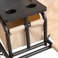 Beige two-person porch swing with canopy; dark frame, storage table with cup holes