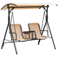 Beige two-person porch swing with canopy and padded back cushions, dark metal frame
