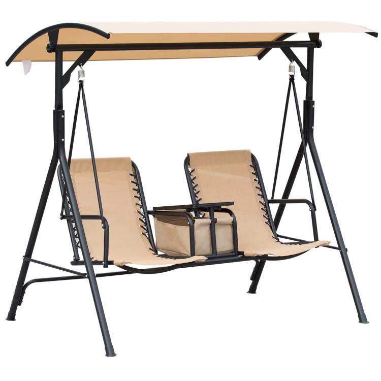 Beige two-person porch swing with canopy and padded back cushions, dark metal frame