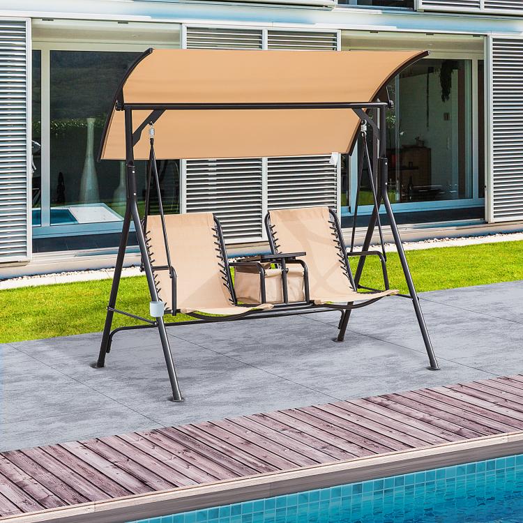 Beige two-person porch swing with canopy, sling seats, and sturdy metal side frame