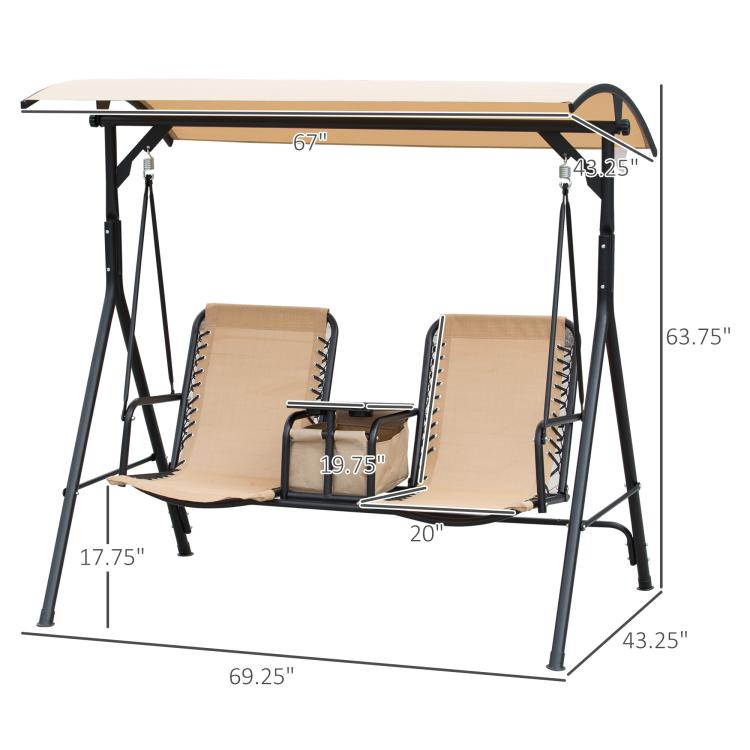 Two-person porch swing dimensions, beige sling seats and canopy with black frame