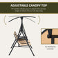 Beige porch swing seat with adjustable canopy tilt mechanism and black steel supports