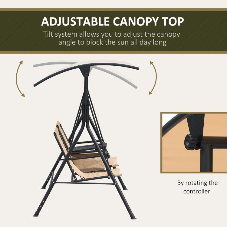 Beige porch swing seat with adjustable canopy tilt mechanism and black steel supports